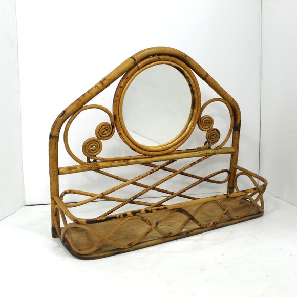 Vintage 1970's Bamboo Aged Wall Shelf Round Mirror Boho Retro As-Is - Picture 1 of 10